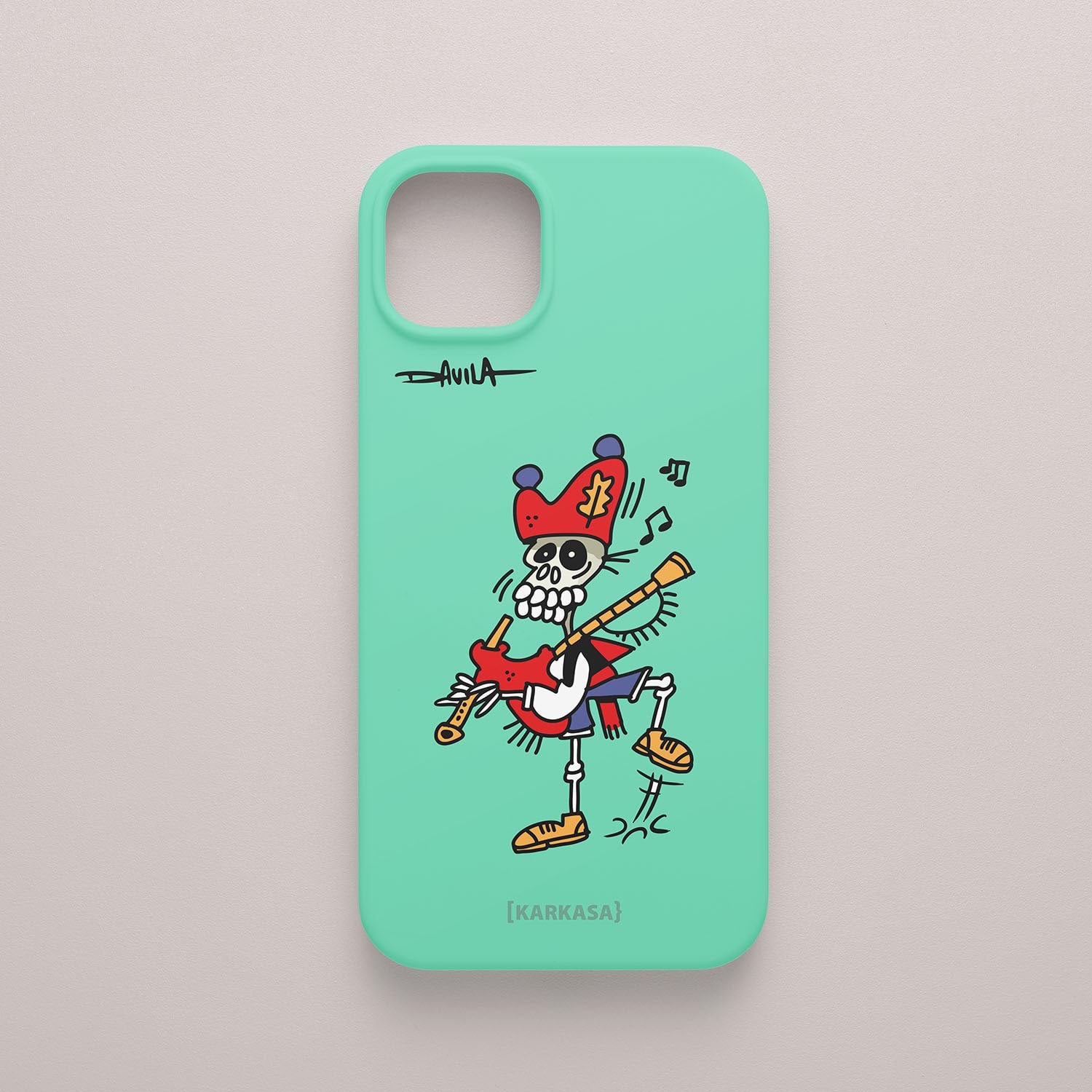 Funda verde menta con ilustración de un esqueleto vestido con traje regional gallego tocando la gaita y bailando, diseño de Luis Davila.