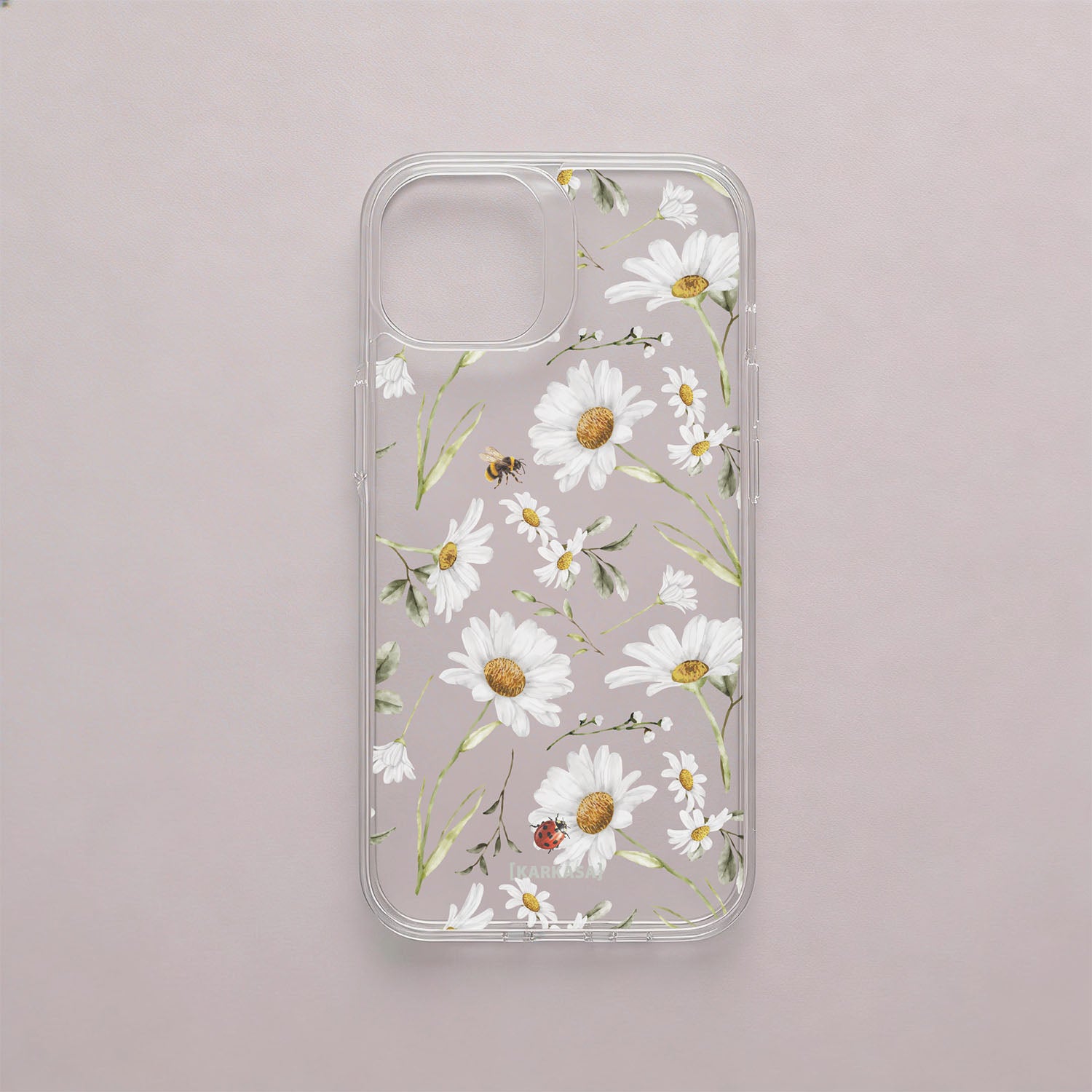 Funda móvil Miel y Pétalos KARKASA en Crystal Shield transparente antigolpes con diseño floral de margaritas, abeja y mariquita
