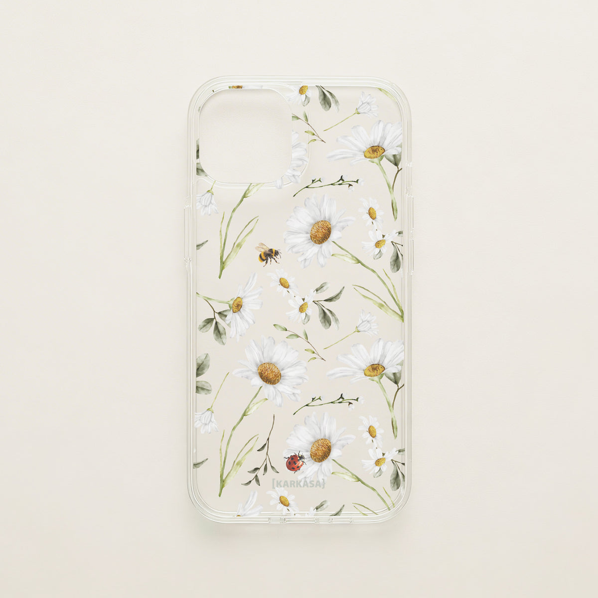Funda móvil Miel y Pétalos KARKASA en Crystal Shield transparente antigolpes con diseño floral de margaritas, abeja y mariquita