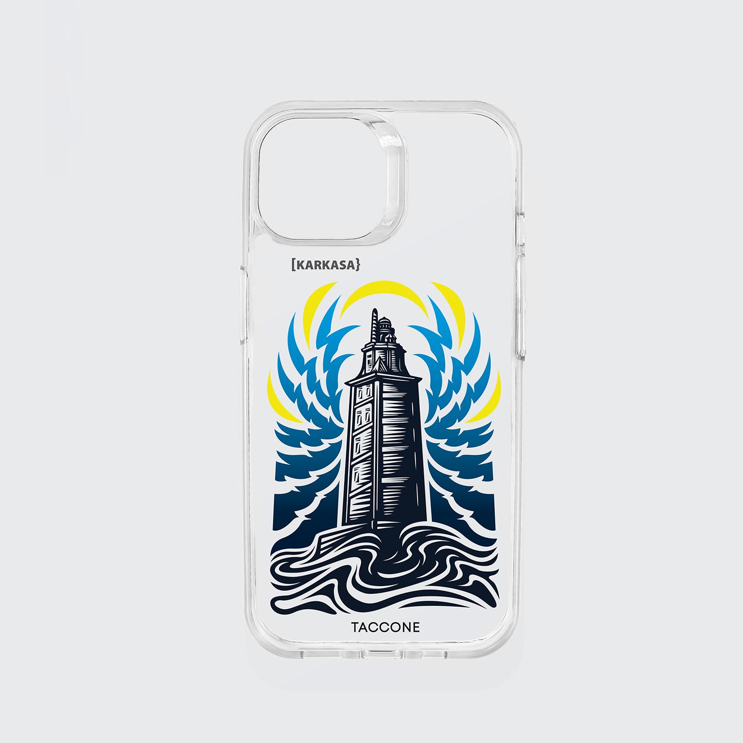 Funda KARKASA transparente antigolpes con ilustración gráfica de Gabriel Taccone: Torre de Hércules de A Coruña con olas azules y rayos amarillos.
