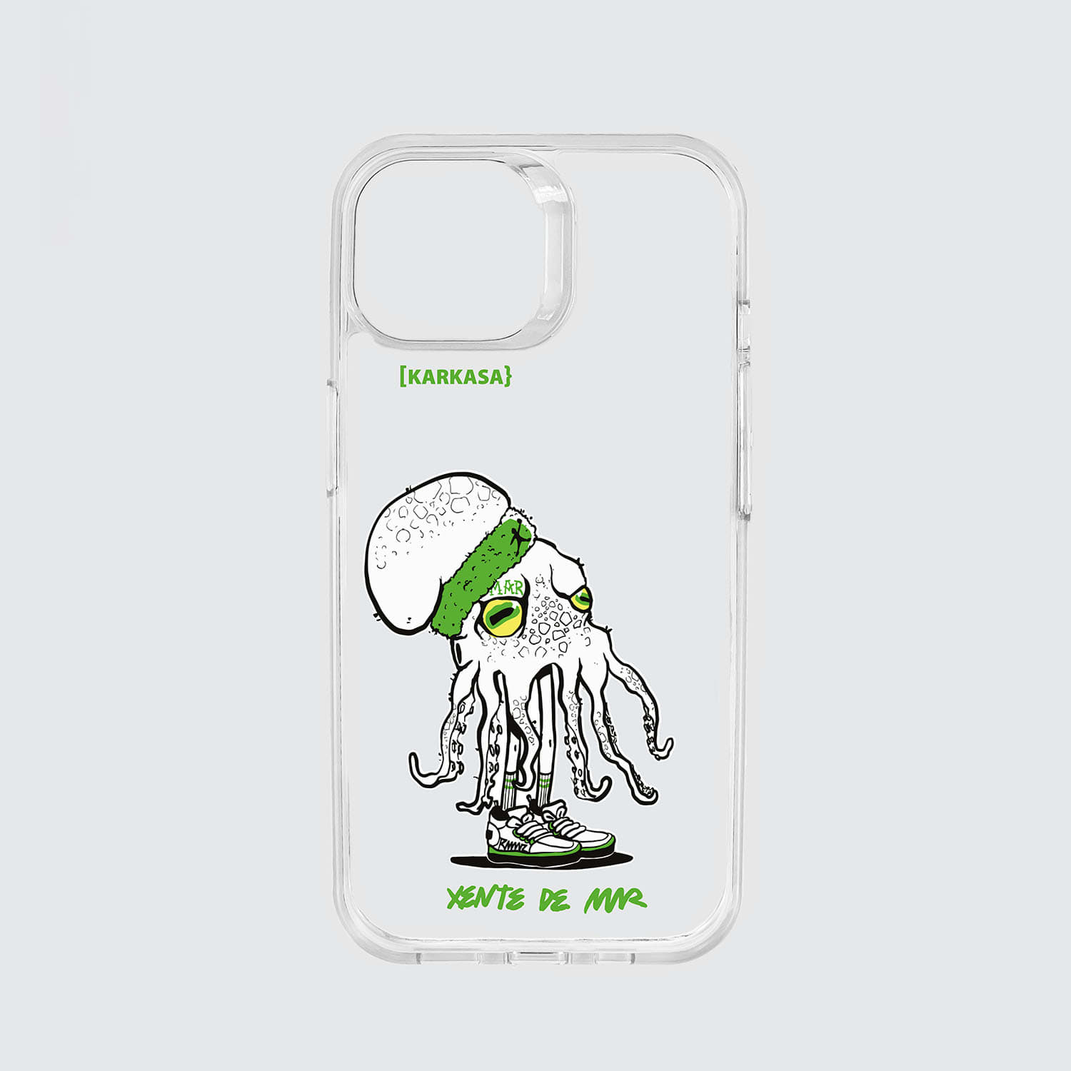 Funda transparente con ilustración de un pulpo con cinta deportiva en la cabeza y zapatillas de color verde ácido, diseño de Ramaz.