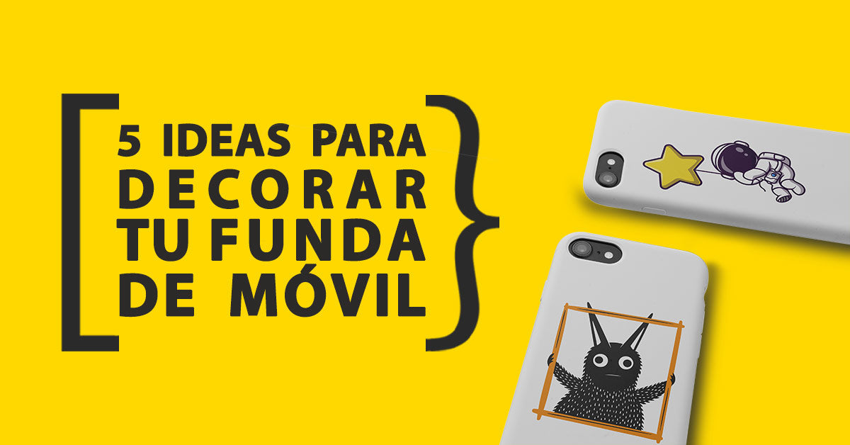 Fundas de movil decoradas con ilustraciones sobre fondo amarillo KARKASA, junto al texto “5 ideas para decorar tu funda de movil”.