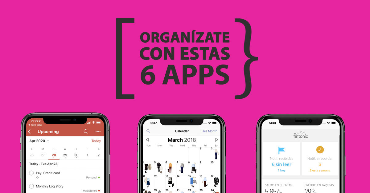 Tres smartphones mostrando pantallas de aplicaciones de calendario y tareas sobre fondo rosa KARKASA, junto al texto “Organizate con estas 6 apps”.