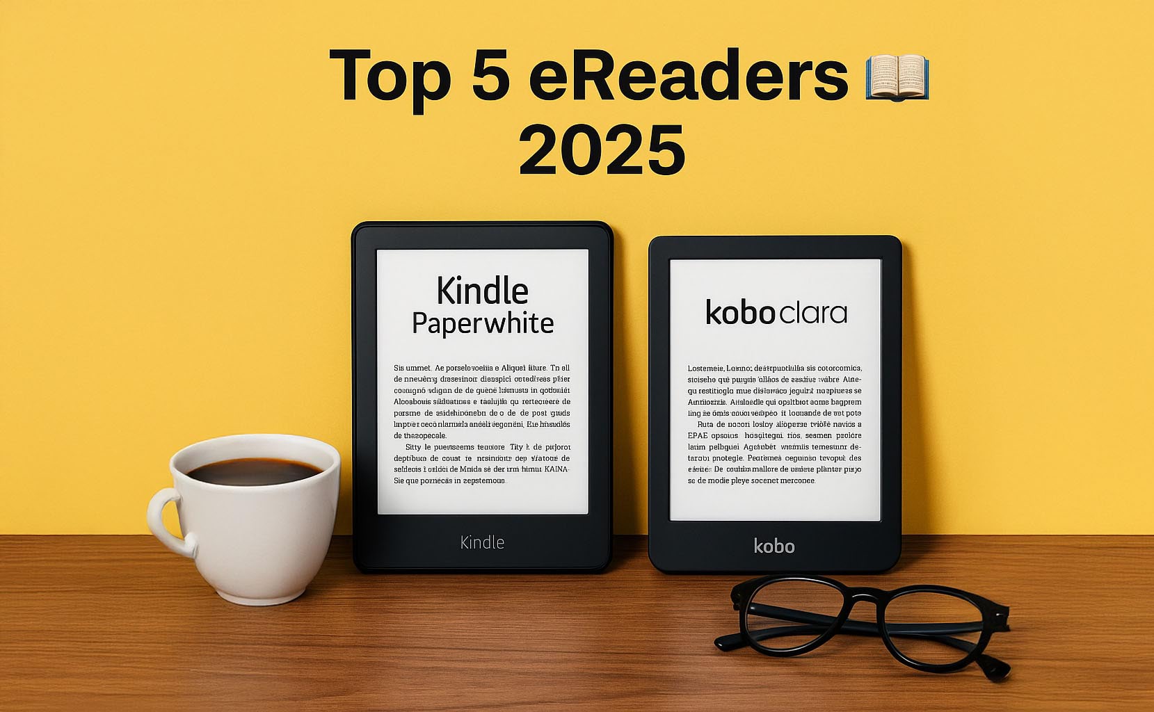 Comparativa visual entre eReaders Kindle y Kobo sobre fondo amarillo KARKASA, con estilo minimalista y moderno. Imagen destacada del artículo mejores eReaders 2025.
