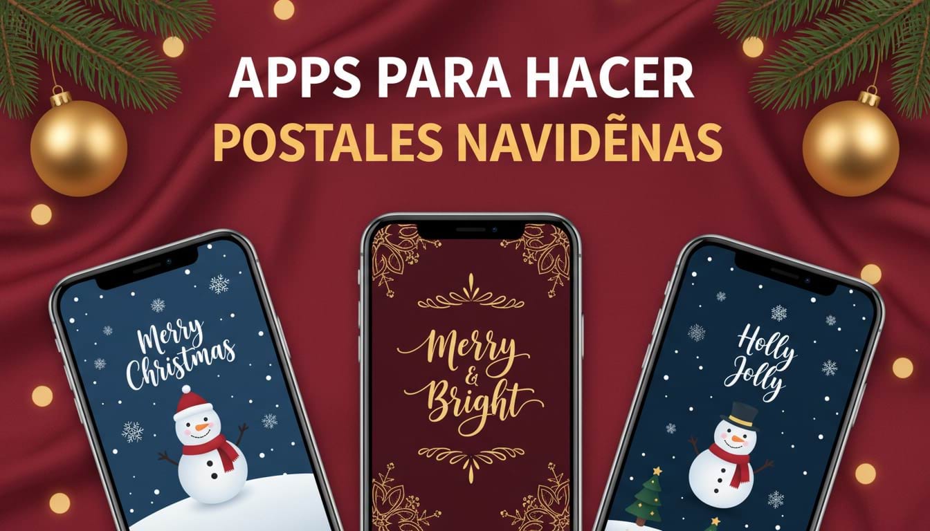 Imagen navideña con tres móviles mostrando diseños de postales de Navidad y el texto Apps para hacer Postales Navideñas, portada creada por KARKASA.