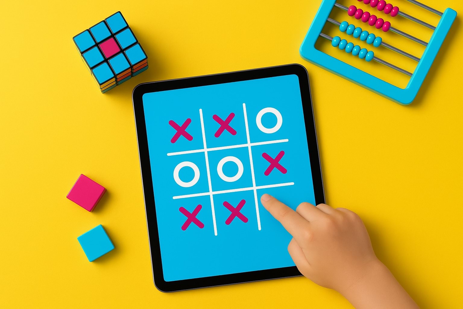 Mano tocando la pantalla de una tablet con un juego de tres en raya, sobre fondo amarillo KARKASA con cubo Rubik y ábaco de colores.