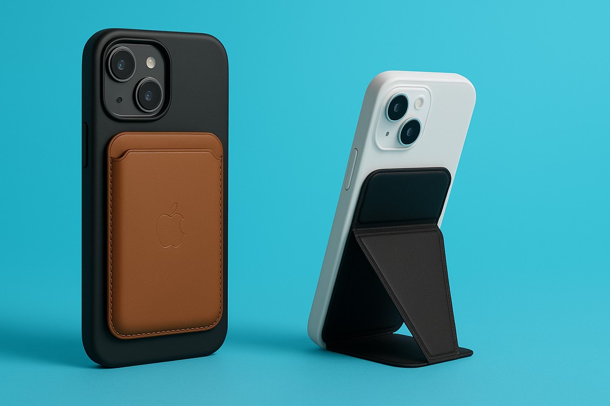 Dos iPhones con fundas y soportes magnéticos sobre fondo azul KARKASA, mostrando accesorios para móviles con diseño minimalista y funcional.