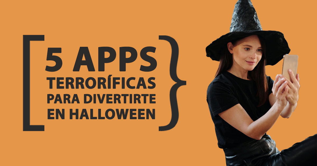 Mujer con sombrero de bruja usando su smartphone sobre fondo naranja KARKASA, junto al texto “5 apps terrorificas para divertirte en Halloween”.