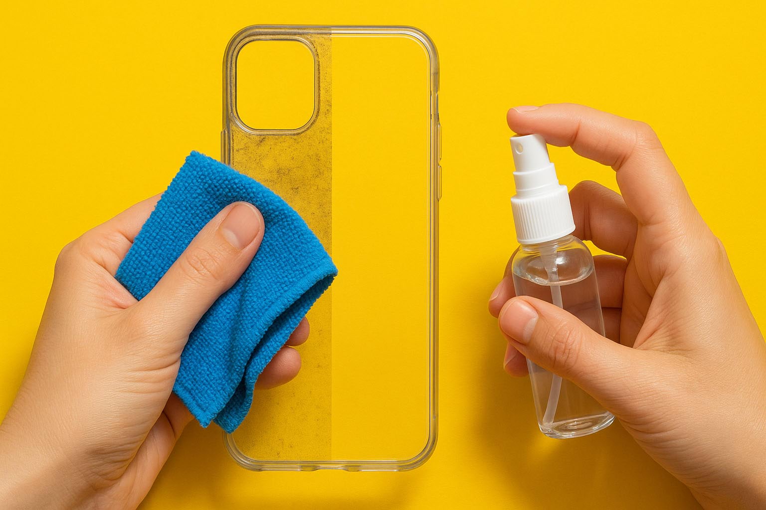 Manos limpiando una funda transparente de movil con paño azul y spray sobre fondo amarillo KARKASA.