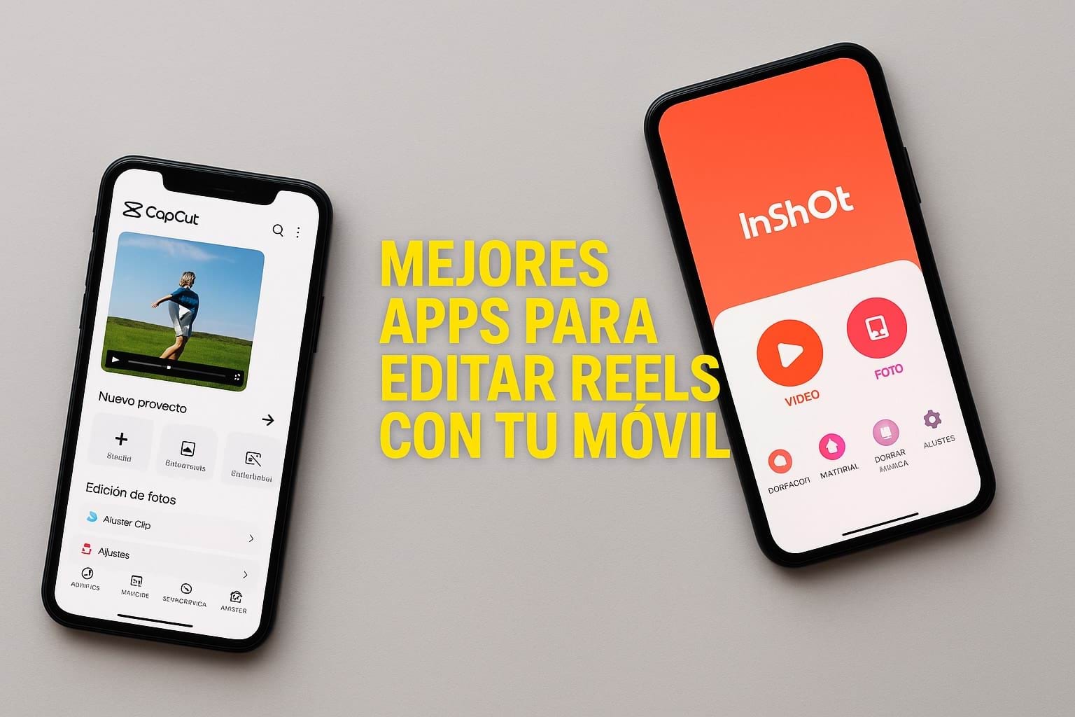 Portada con dos móviles mostrando apps para editar reels en 2025, incluyendo CapCut e InShot, imagen creada por KARKASA.