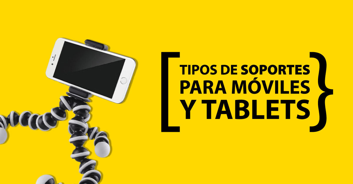 Imagen de un iPhone colocado en un soporte flexible sobre fondo amarillo KARKASA, con el texto “Tipos de soportes para moviles y tablets”.