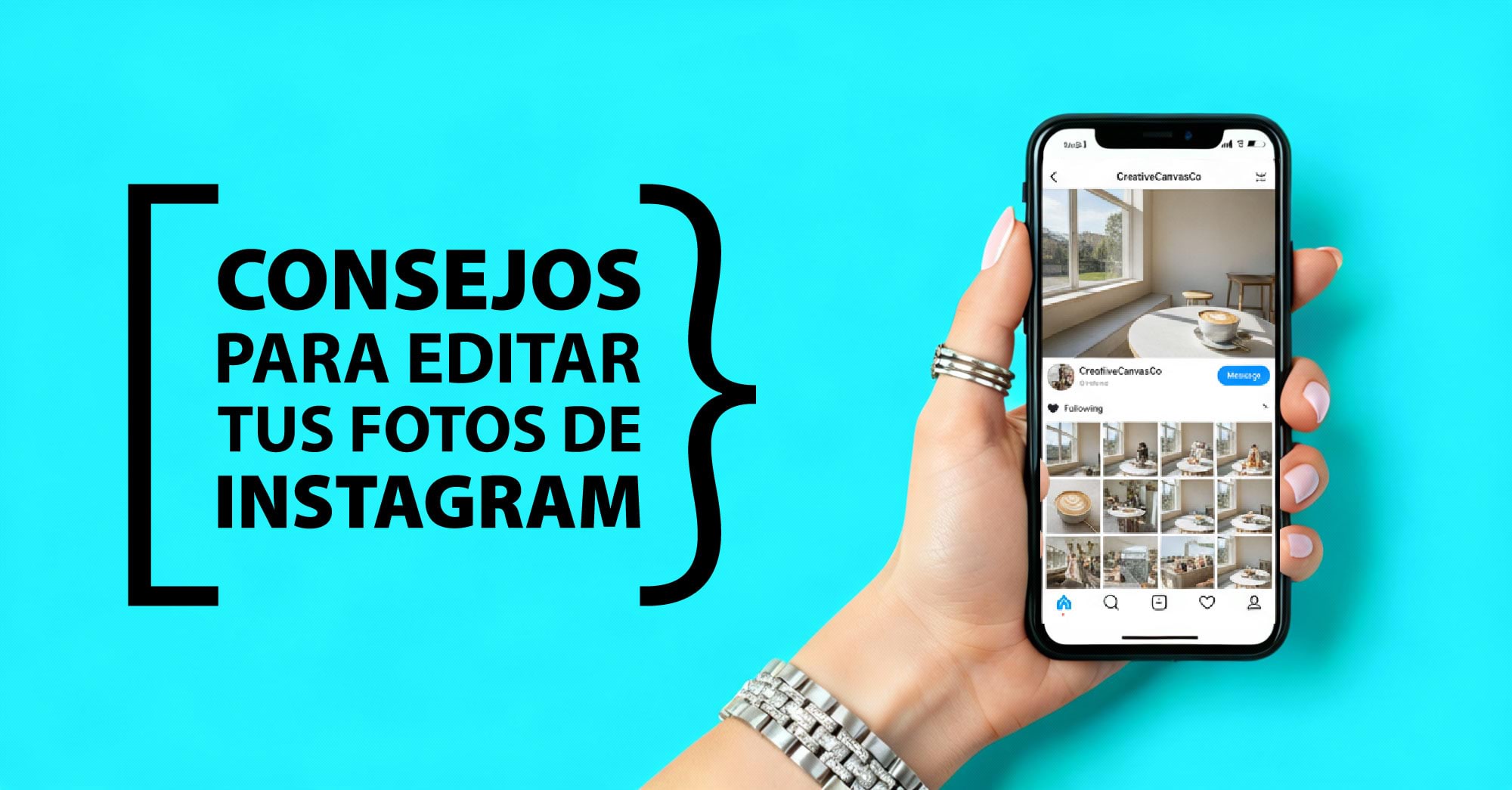 Mano sosteniendo un iPhone con pantalla de Instagram sobre fondo azul KARKASA, junto al texto “Consejos para editar tus fotos de Instagram”.