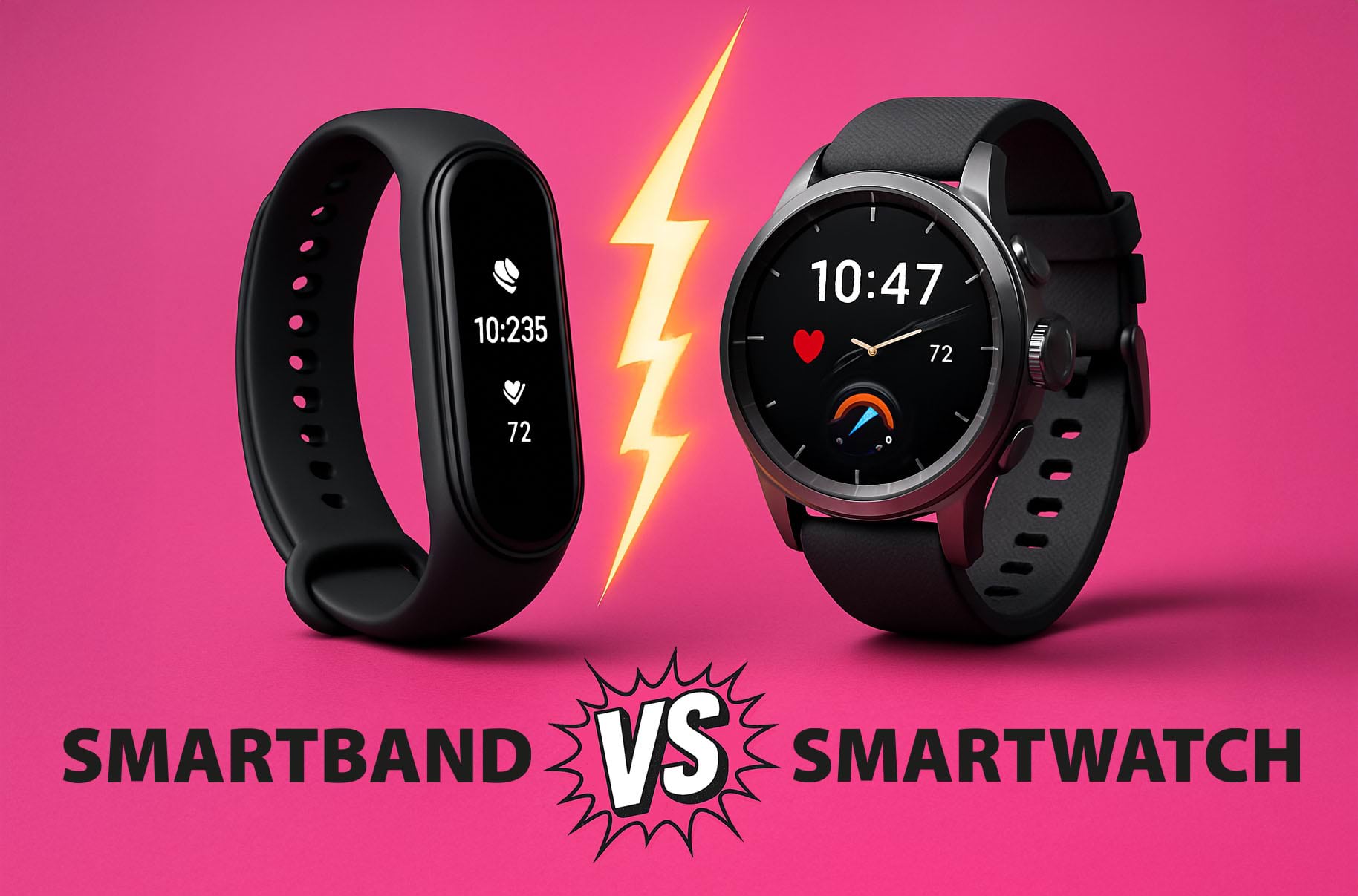 Dispositivo smartband y smartwatch sobre fondo fucsia KARKASA comparativa 2025