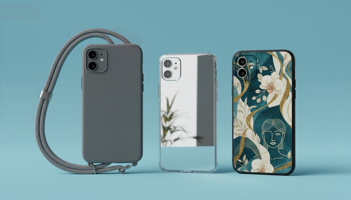 Fundas para movil con las tendencias de 2026: modelo con cordón, funda espejo plata y diseño artístico sobre fondo azul KARKASA.