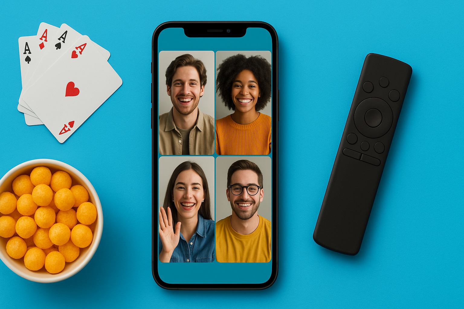 Smartphone con videollamada grupal junto a un mando a distancia, cartas y bol de aperitivos sobre fondo azul KARKASA.