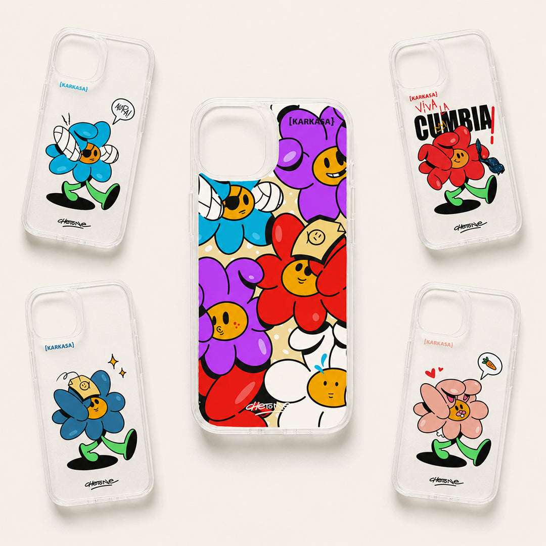 Cinco fundas de móvil de la colección Avant-Garden de Chetone Sánchez para KARKASA, con Color Combo en el centro: flores antropomórficas de estilo cartoon retro sobre fondo crema.