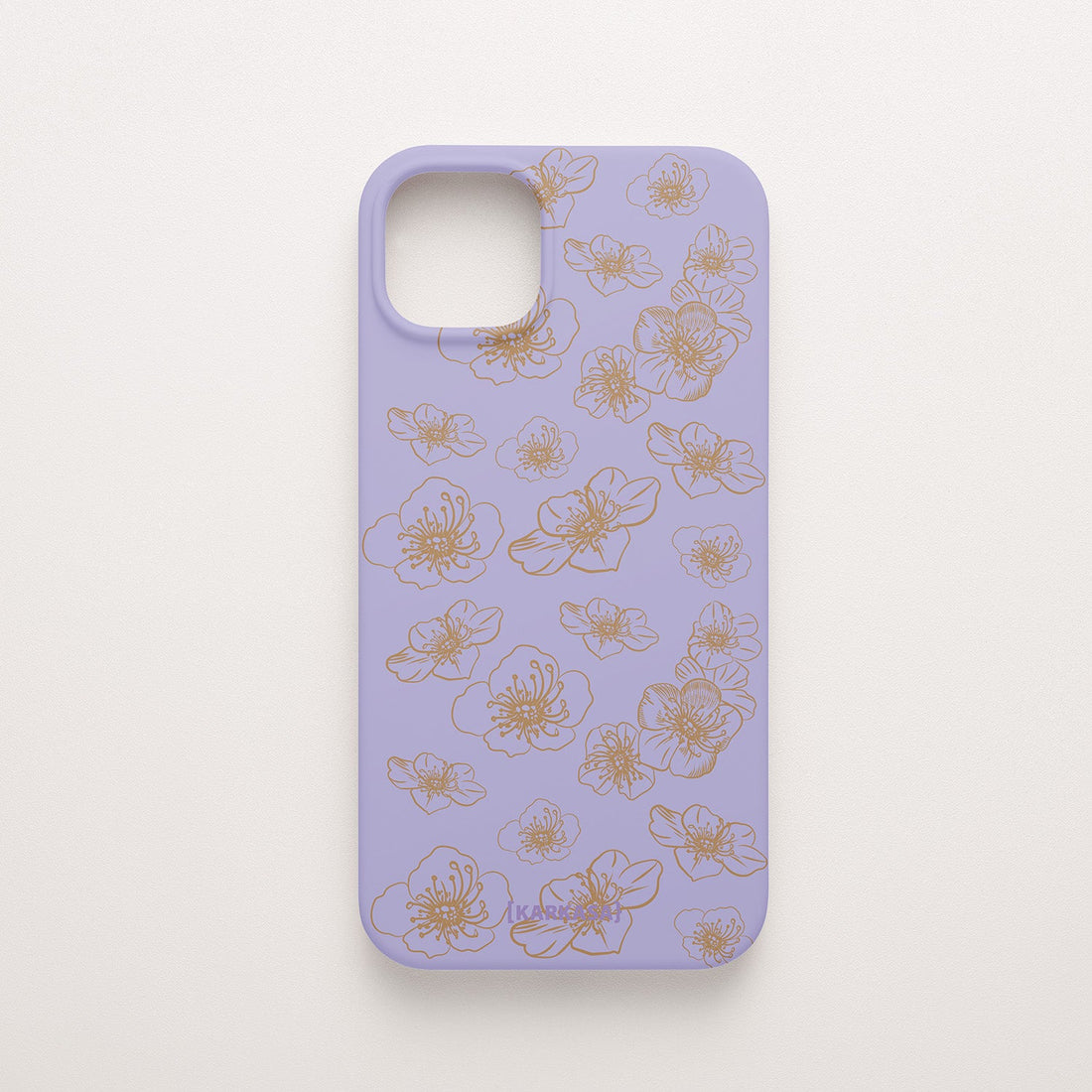 Funda KARKASA Silk Touch lila con dibujo de flores exóticas en trazo lineal dorado. Carcasa mate de silicona estilo artístico.