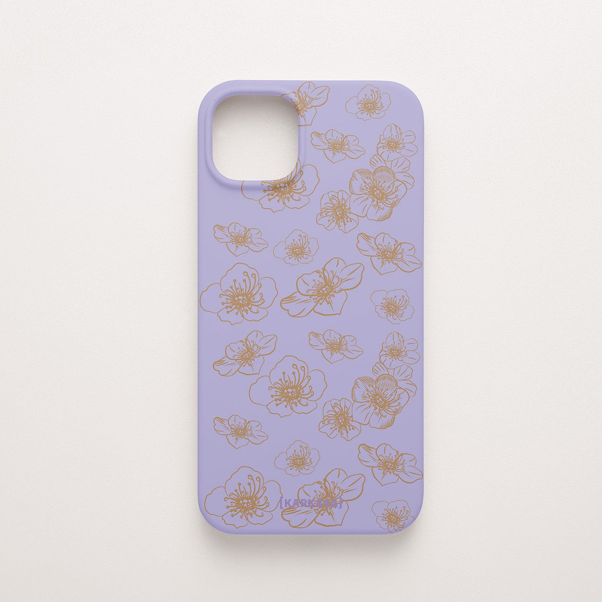 Funda KARKASA Silk Touch lila con dibujo de flores exóticas en trazo lineal dorado. Carcasa mate de silicona estilo artístico.