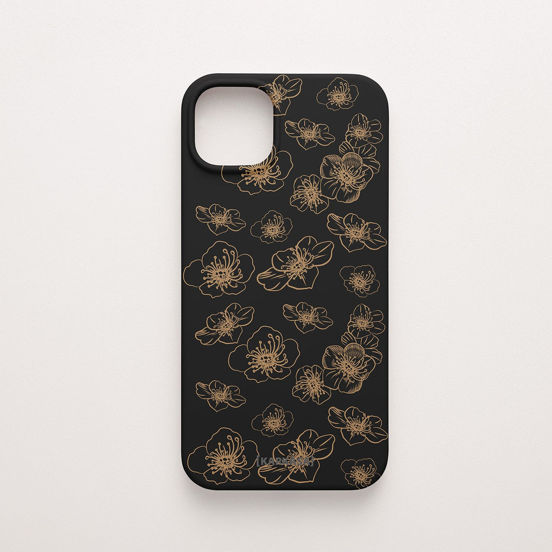 Funda KARKASA Silk Touch negra con dibujo de flores exóticas en trazo lineal dorado. Carcasa mate de silicona estilo artístico.