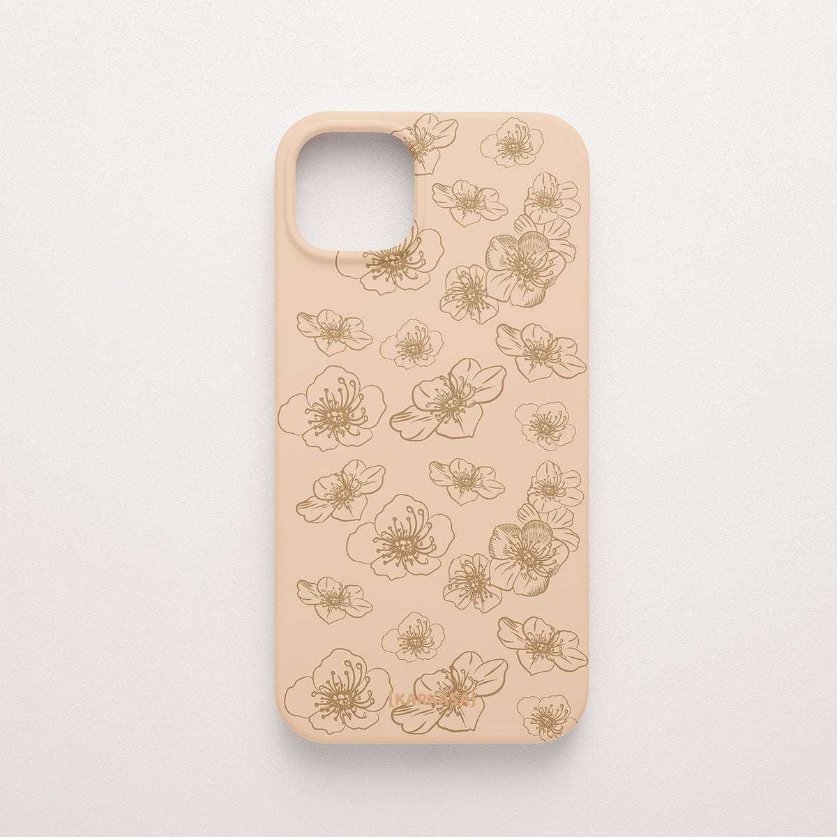 Funda KARKASA Silk Touch rosa nude con dibujo de flores exóticas en trazo lineal dorado. Carcasa mate de silicona estilo artístico.