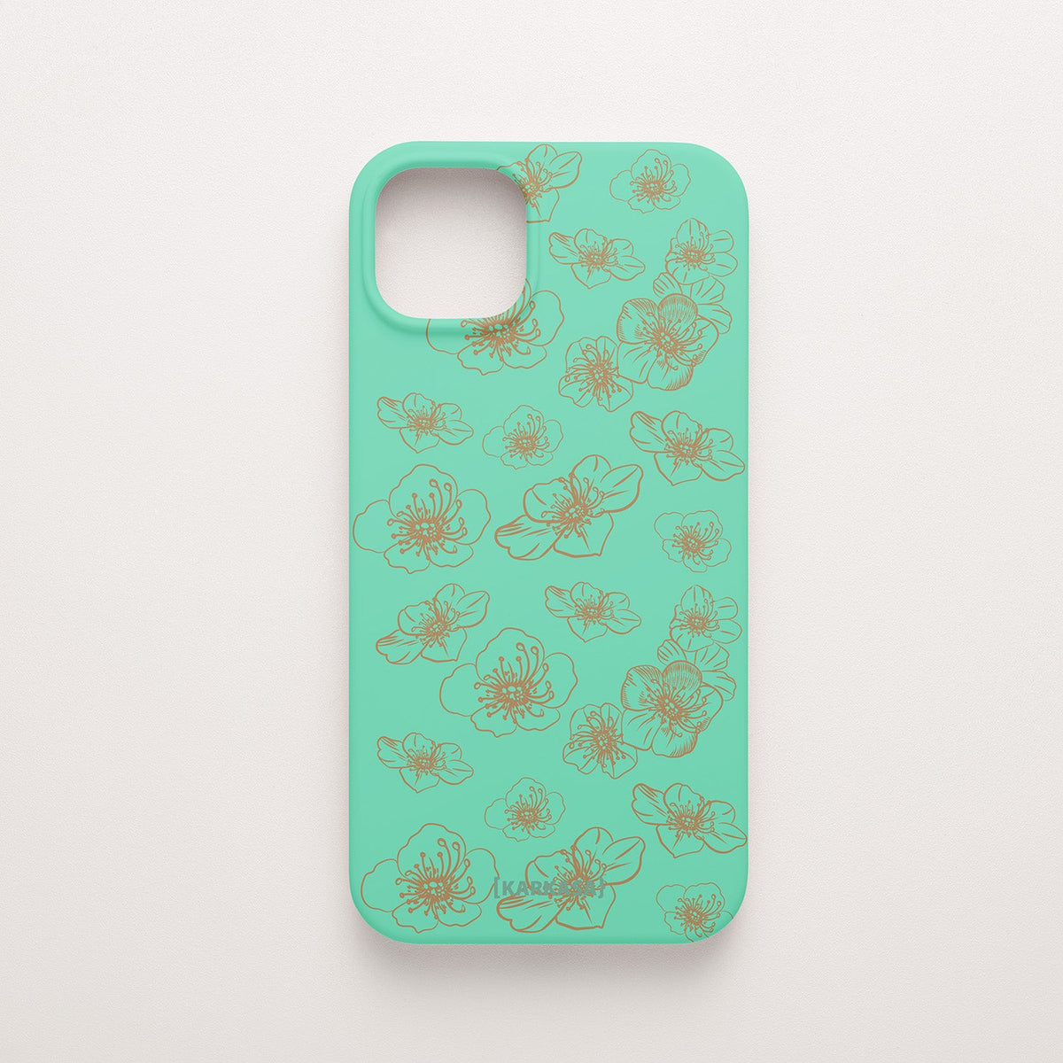 Funda KARKASA Silk Touch verde menta con dibujo de flores exóticas en trazo lineal dorado. Carcasa mate de silicona estilo artístico.