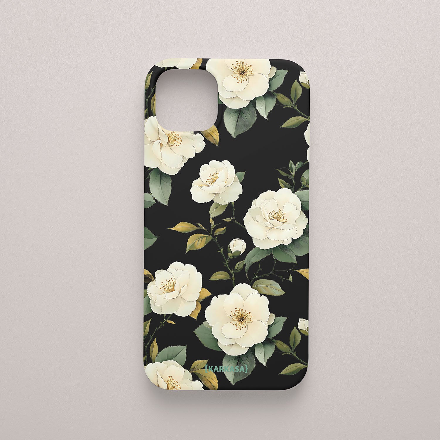Funda móvil Camelias Serenas KARKASA en Silk Touch negra con diseño floral de camelias blancas
