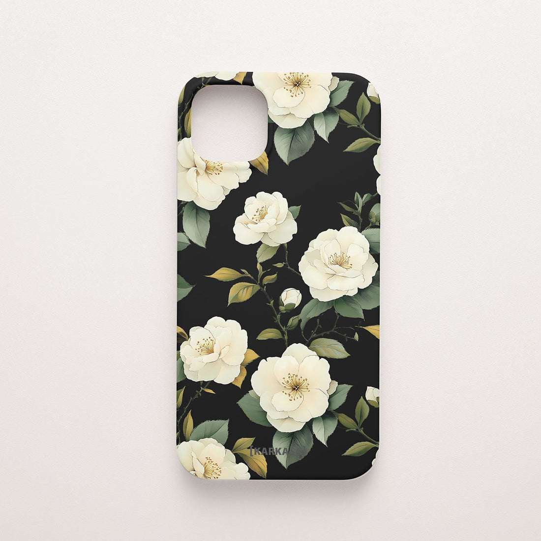 Funda móvil Camelias Serenas KARKASA en Silk Touch negra con diseño floral de camelias blancas.