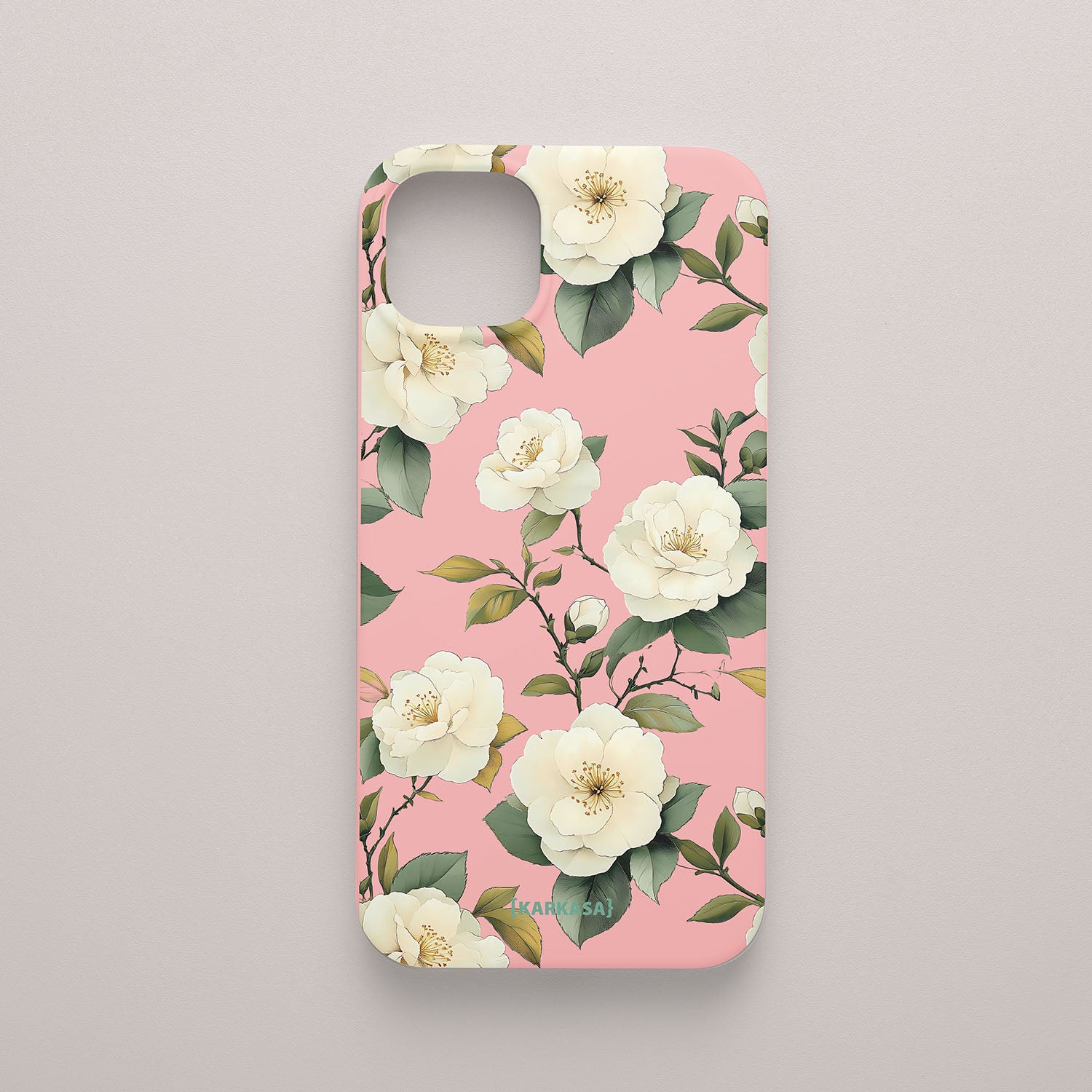 Funda móvil Camelias Serenas KARKASA en Silk Touch rosa chicle con diseño floral de camelias blancas