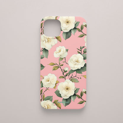 Funda móvil Camelias Serenas KARKASA en Silk Touch rosa chicle con diseño floral de camelias blancas