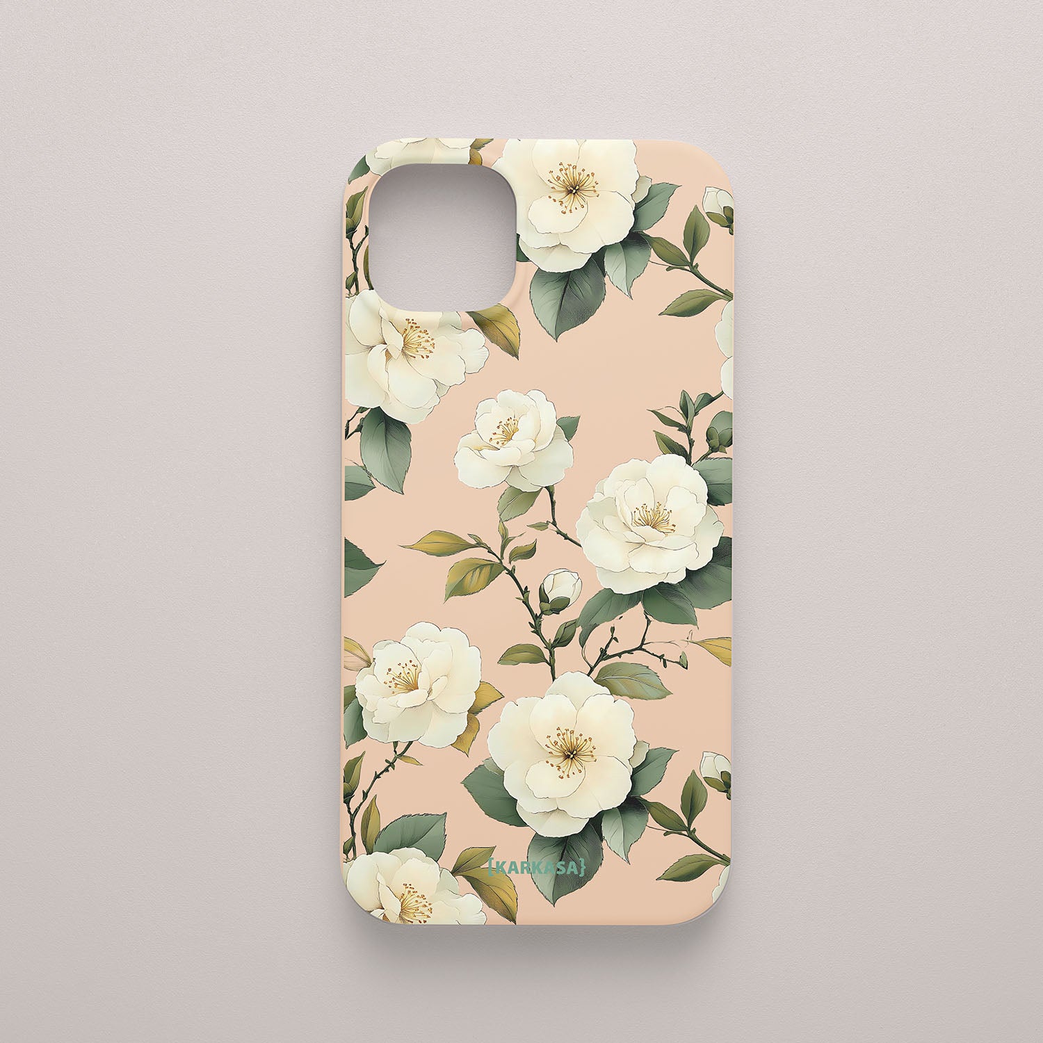 Funda móvil Camelias Serenas KARKASA en Silk Touch rosa nude con diseño floral de camelias blancas