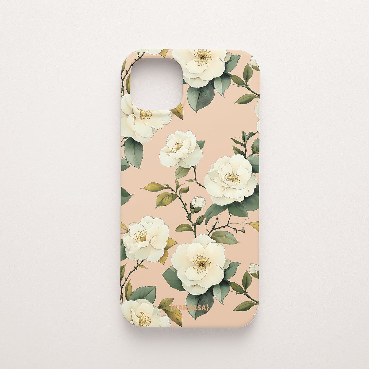 Funda móvil Camelias Serenas KARKASA en Silk Touch rosa nude con diseño floral de camelias blancas.