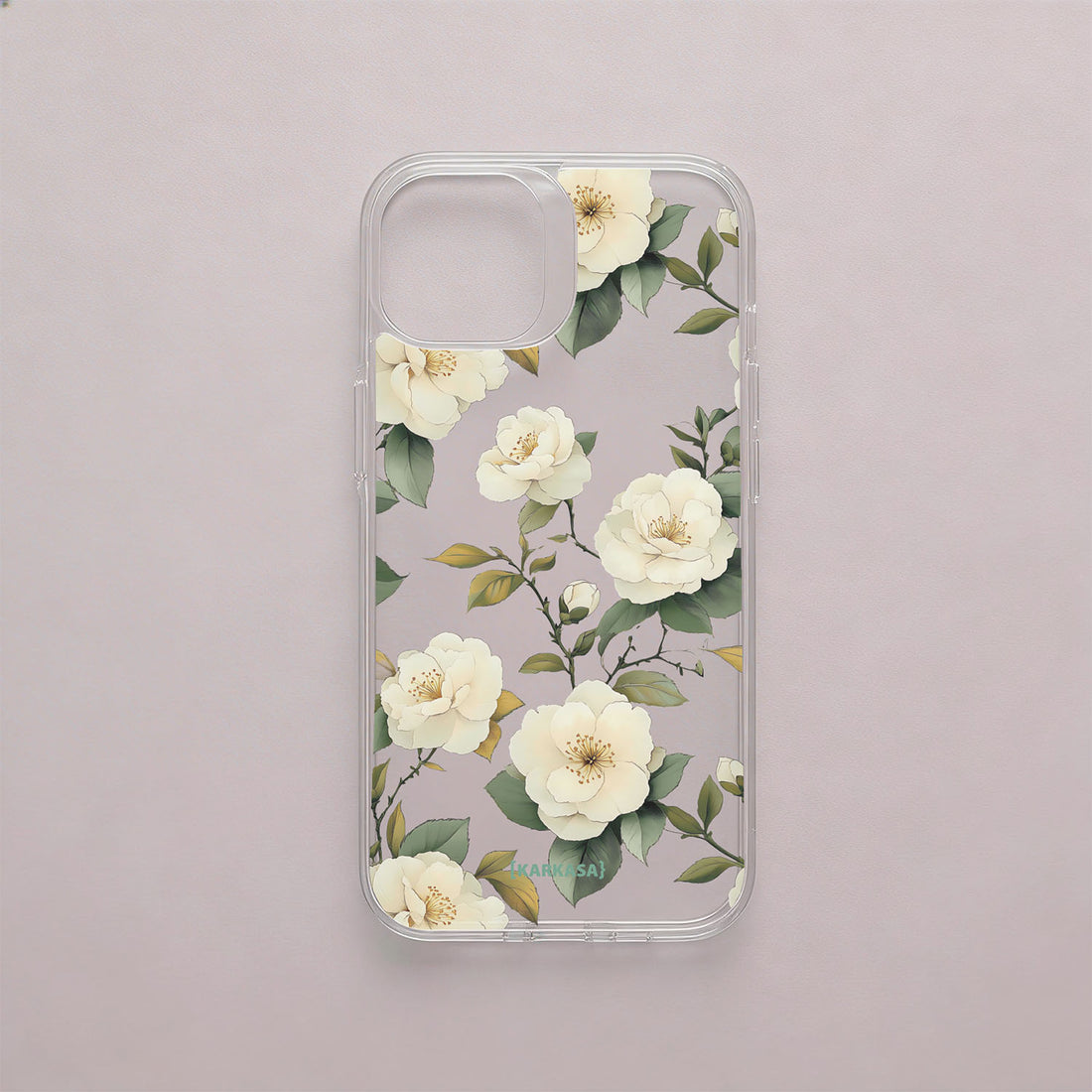 Funda móvil Camelias Serenas KARKASA en Crystal Shield transparente antigolpes con diseño floral de camelias blancas