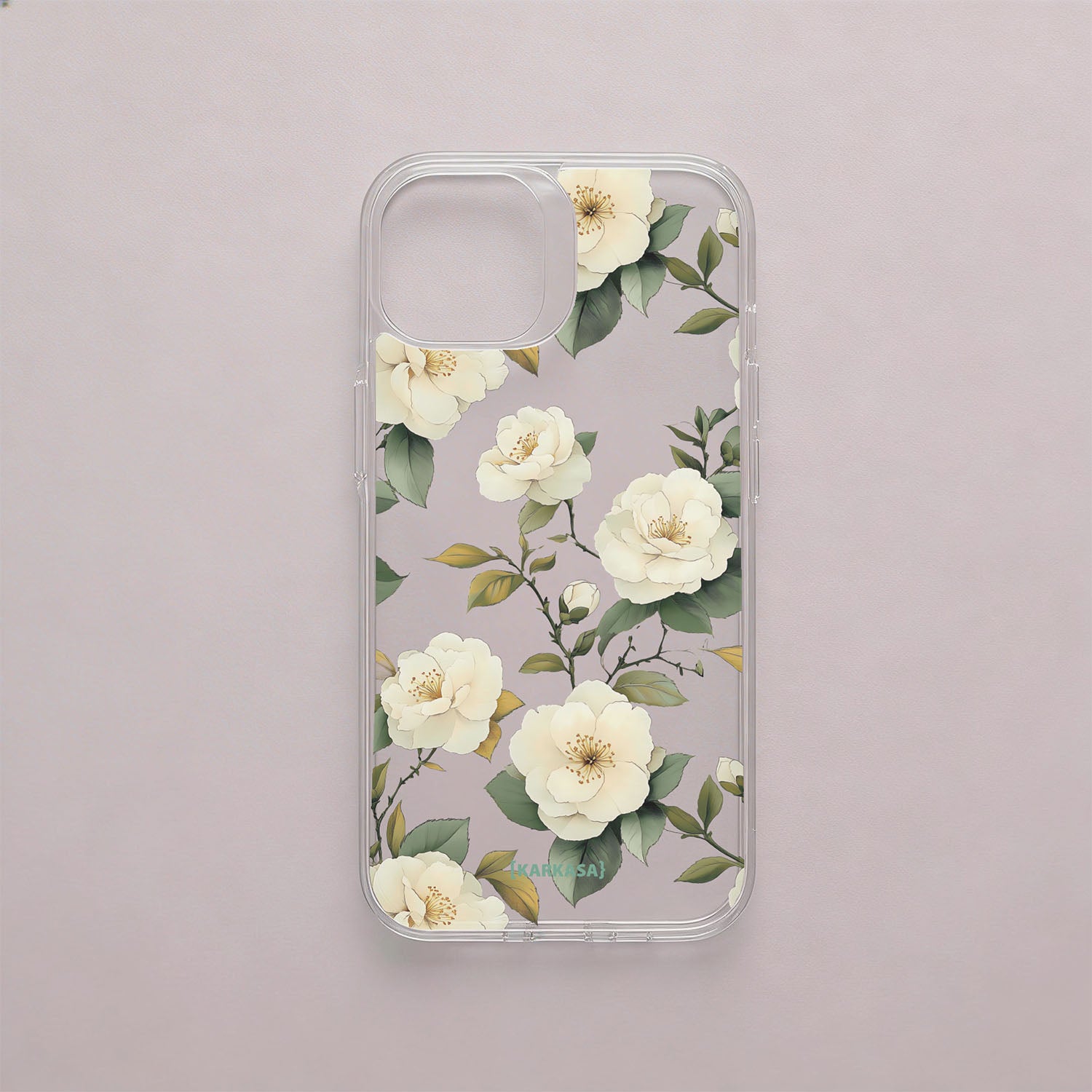 Funda móvil Camelias Serenas KARKASA en Crystal Shield transparente antigolpes con diseño floral de camelias blancas