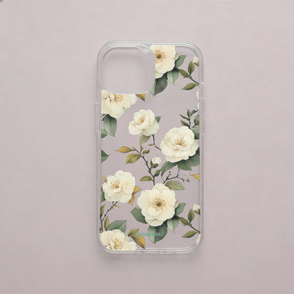Funda móvil Camelias Serenas KARKASA en Crystal Shield transparente antigolpes con diseño floral de camelias blancas