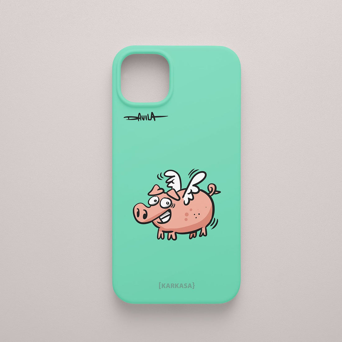 Funda movil verde mar con cerdito volador, ilustración divertida de la colección O Bichero x KARKASA.