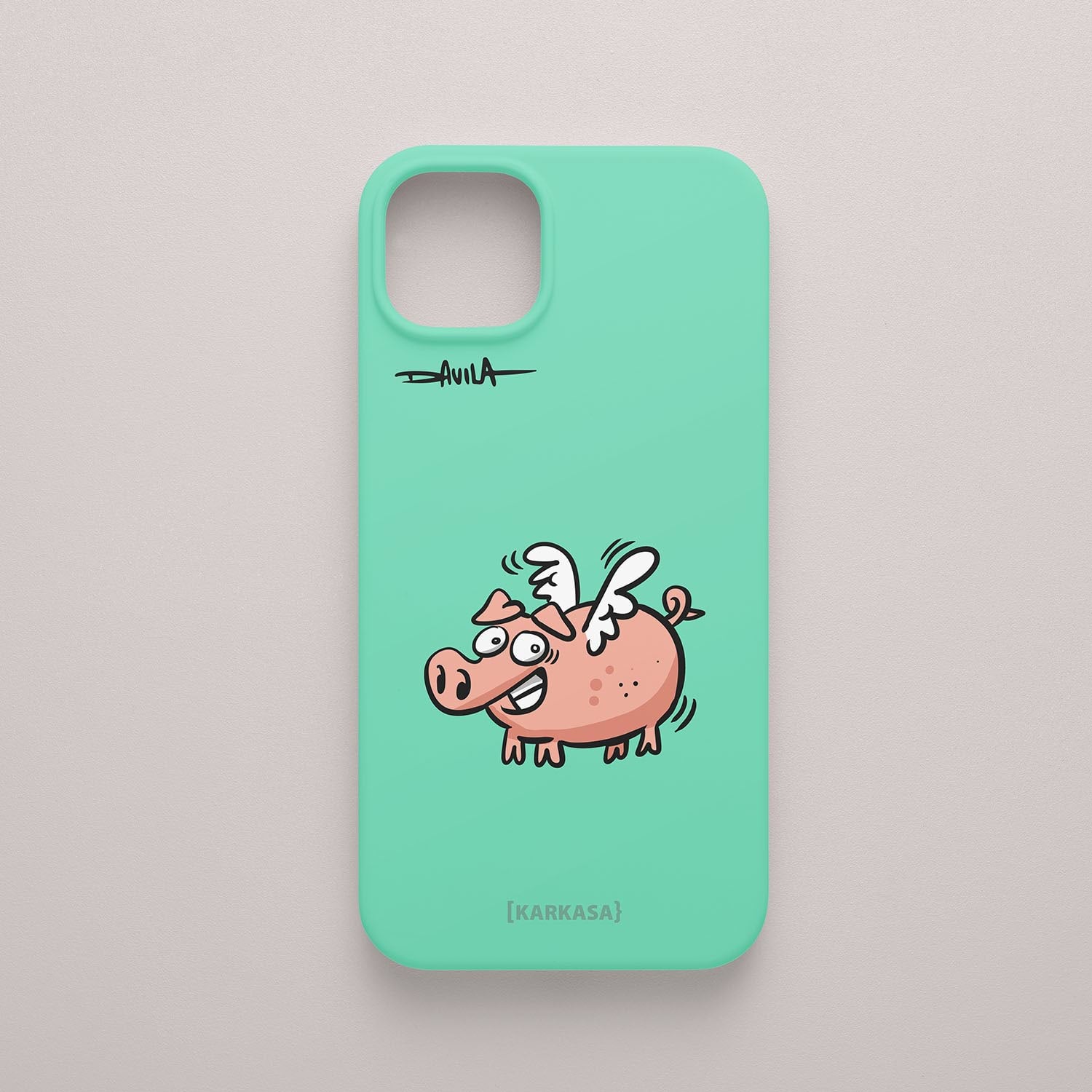 Funda movil verde mar con cerdito volador, ilustración divertida de la colección O Bichero x KARKASA.