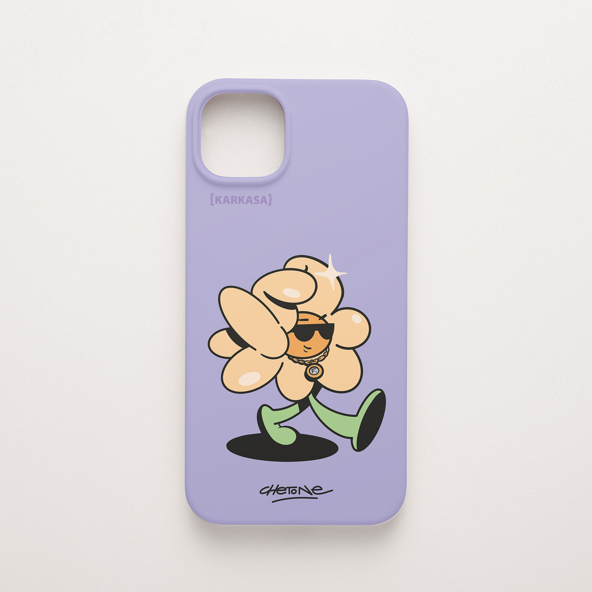 Funda de móvil de silicona lila con una flor color melocotón con gafas de sol y cadena dorada, diseño Chill Grind de Chetone Sánchez para KARKASA.