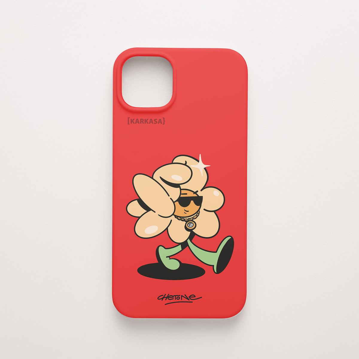 Funda de móvil de silicona roja con una flor color melocotón con gafas de sol y cadena dorada, diseño Chill Grind de Chetone Sánchez para KARKASA.