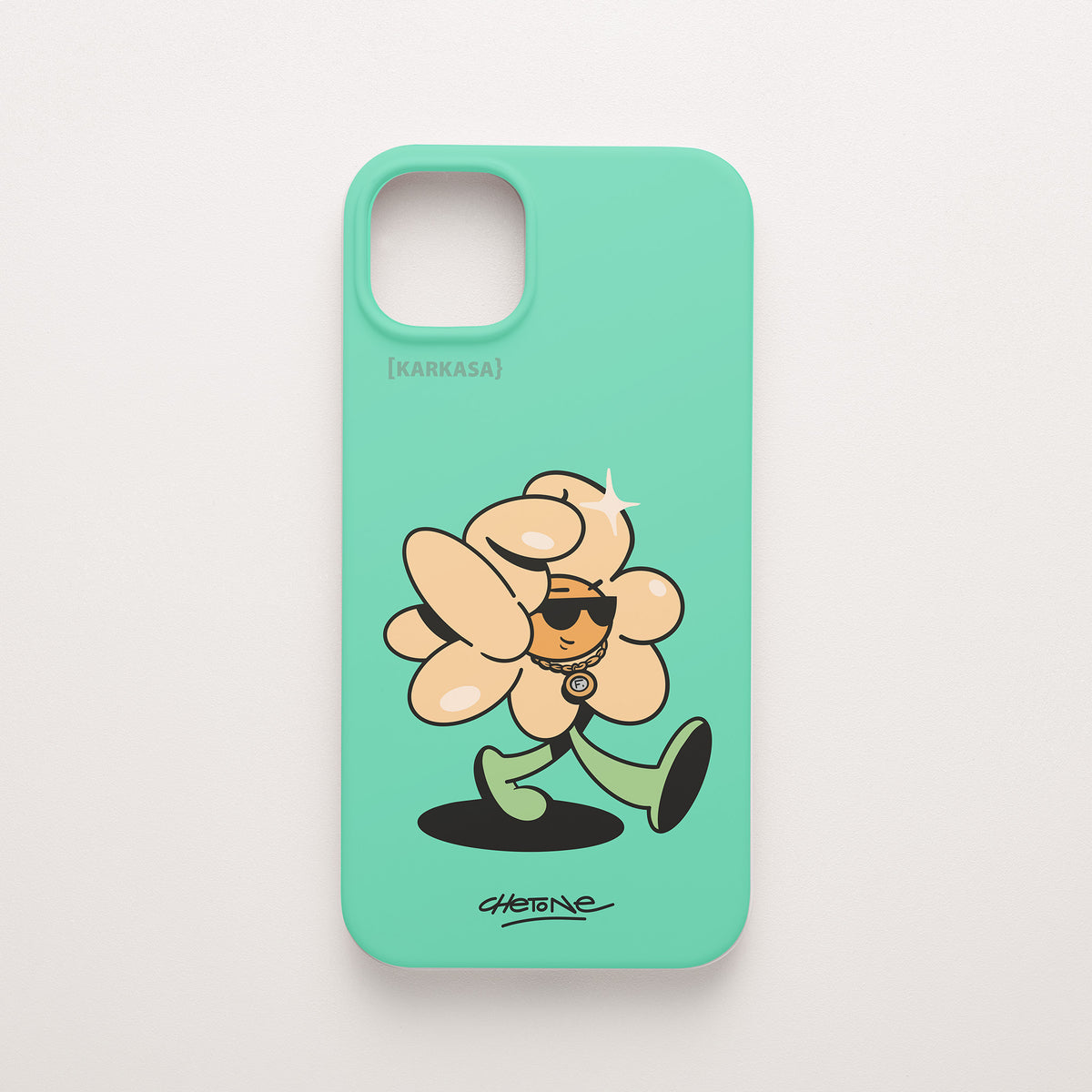 Funda de móvil de silicona verde menta con una flor color melocotón con gafas de sol y cadena dorada, diseño Chill Grind de Chetone Sánchez para KARKASA.