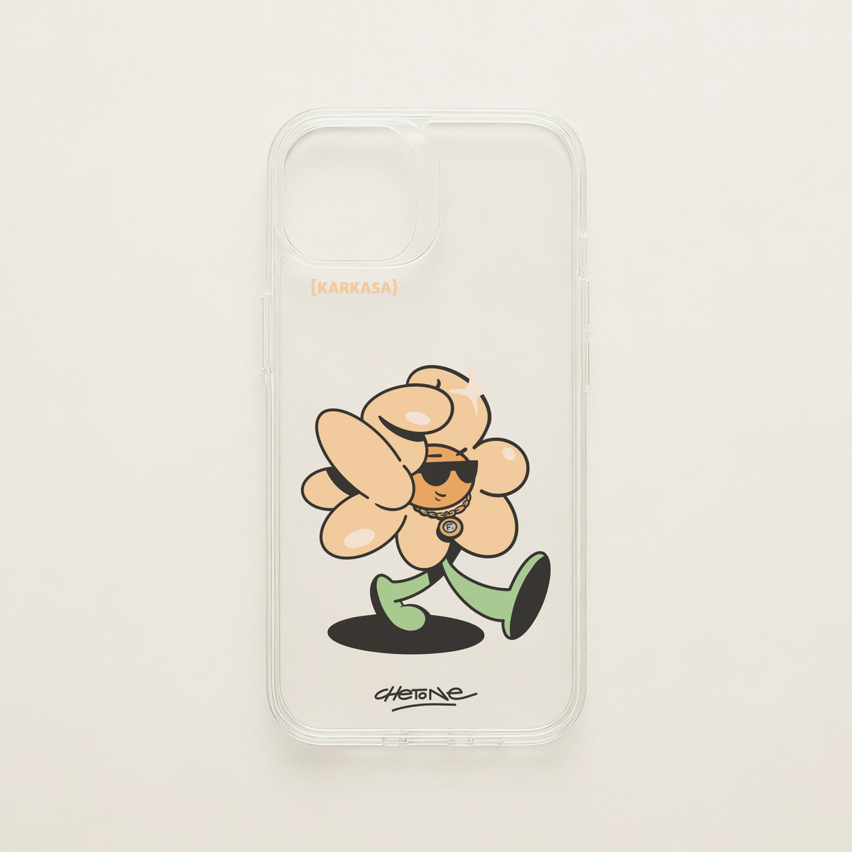 Funda de móvil transparente con una flor color melocotón con gafas de sol y cadena dorada, diseño Chill Grind de Chetone Sánchez para KARKASA.