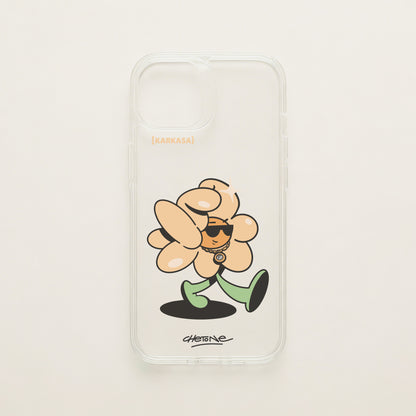 Funda de móvil transparente con una flor color melocotón con gafas de sol y cadena dorada, diseño Chill Grind de Chetone Sánchez para KARKASA.