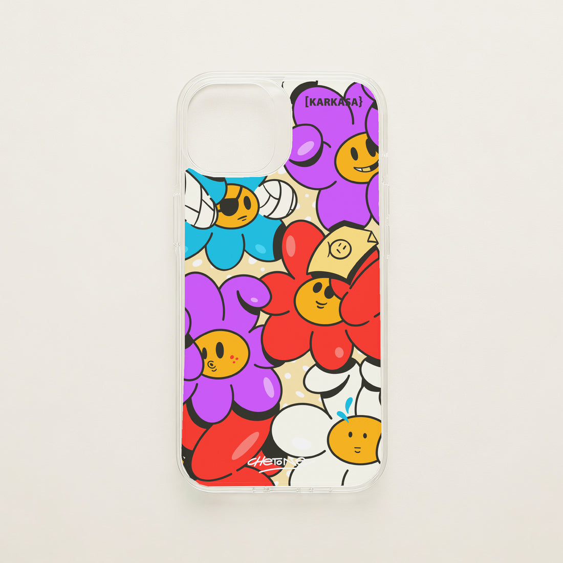 Funda de móvil transparente con estampado de flores sonrientes moradas, azules, rojas y blancas, diseño Color Combo de Chetone Sánchez para KARKASA.
