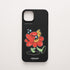 Funda de móvil de silicona negra con una flor roja con un guante gigante de aficionado, todo perfilado en blanco, diseño Court Royal de Chetone Sánchez para KARKASA.