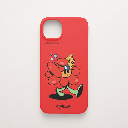 Funda de móvil de silicona roja con una flor roja con un guante gigante de aficionado, diseño Court Royal de Chetone Sánchez para KARKASA.