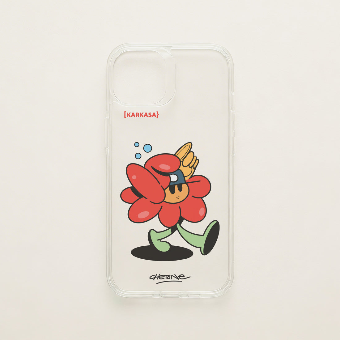 Funda de móvil transparente con una flor roja con un guante gigante de aficionado, diseño Court Royal de Chetone Sánchez para KARKASA.