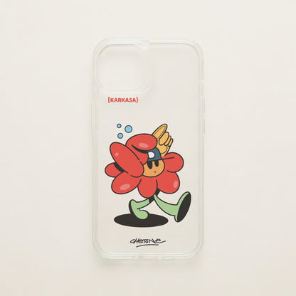 Funda de móvil transparente con una flor roja con un guante gigante de aficionado, diseño Court Royal de Chetone Sánchez para KARKASA.