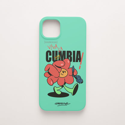 Funda de móvil de silicona verde menta con una flor roja con pañuelo y el rótulo «Viva la cumbia», diseño Cumbiero Gang de Chetone Sánchez para KARKASA.