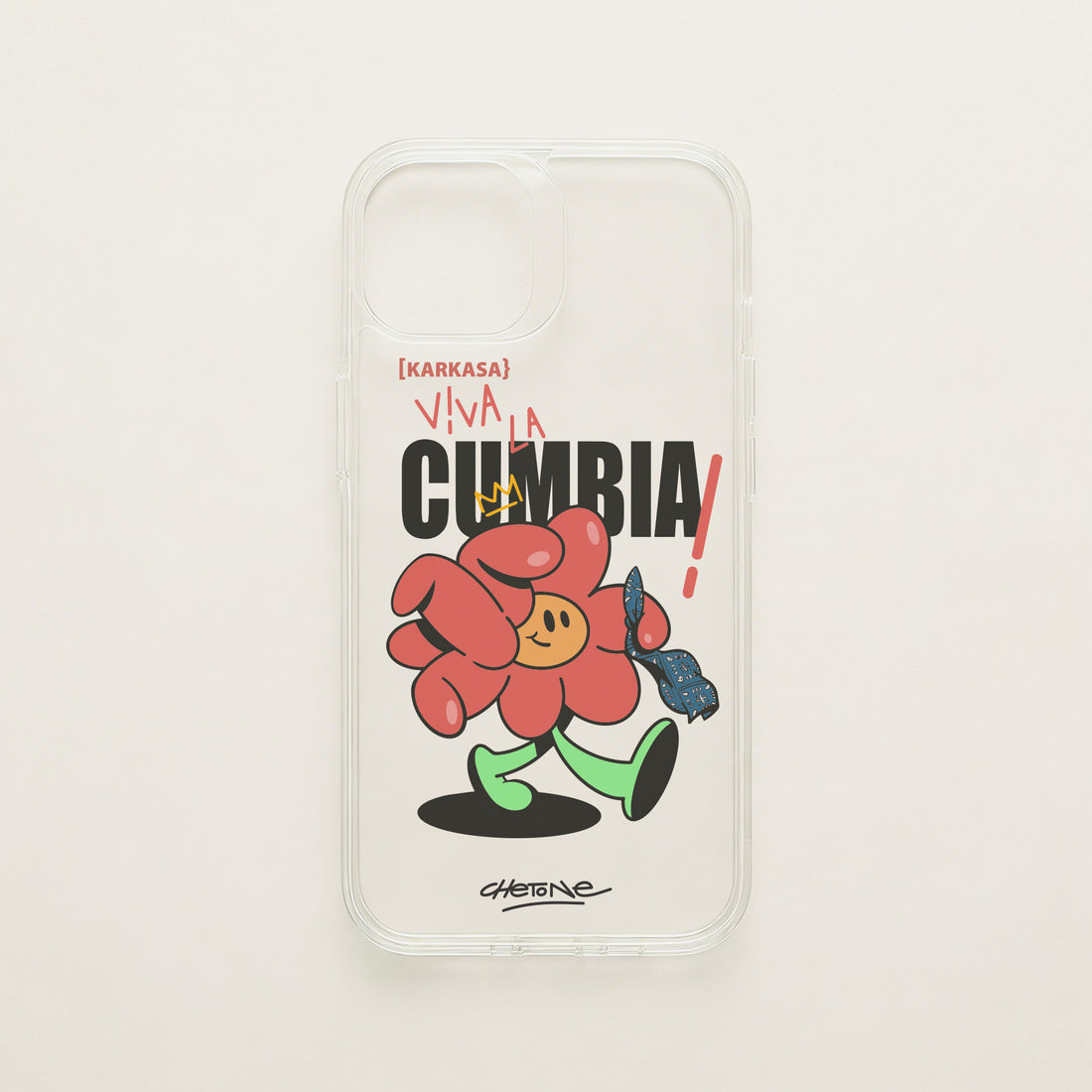 Funda de móvil transparente con una flor roja con pañuelo y el rótulo «Viva la cumbia», diseño Cumbiero Gang de Chetone Sánchez para KARKASA.