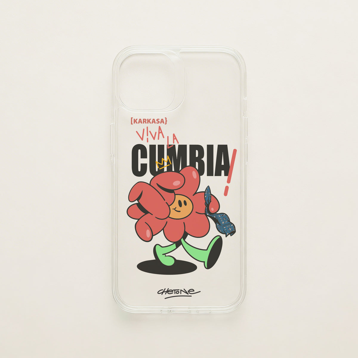 Funda de móvil transparente con una flor roja con pañuelo y el rótulo «Viva la cumbia», diseño Cumbiero Gang de Chetone Sánchez para KARKASA.