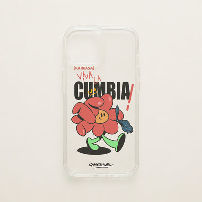 Funda de móvil transparente con una flor roja con pañuelo y el rótulo «Viva la cumbia», diseño Cumbiero Gang de Chetone Sánchez para KARKASA.